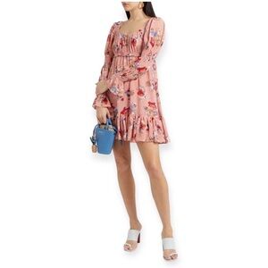 Cinq à Sept Simone Tiered Floral-print Chiffon Mini Dress in Bare Rose Pink Sz 4